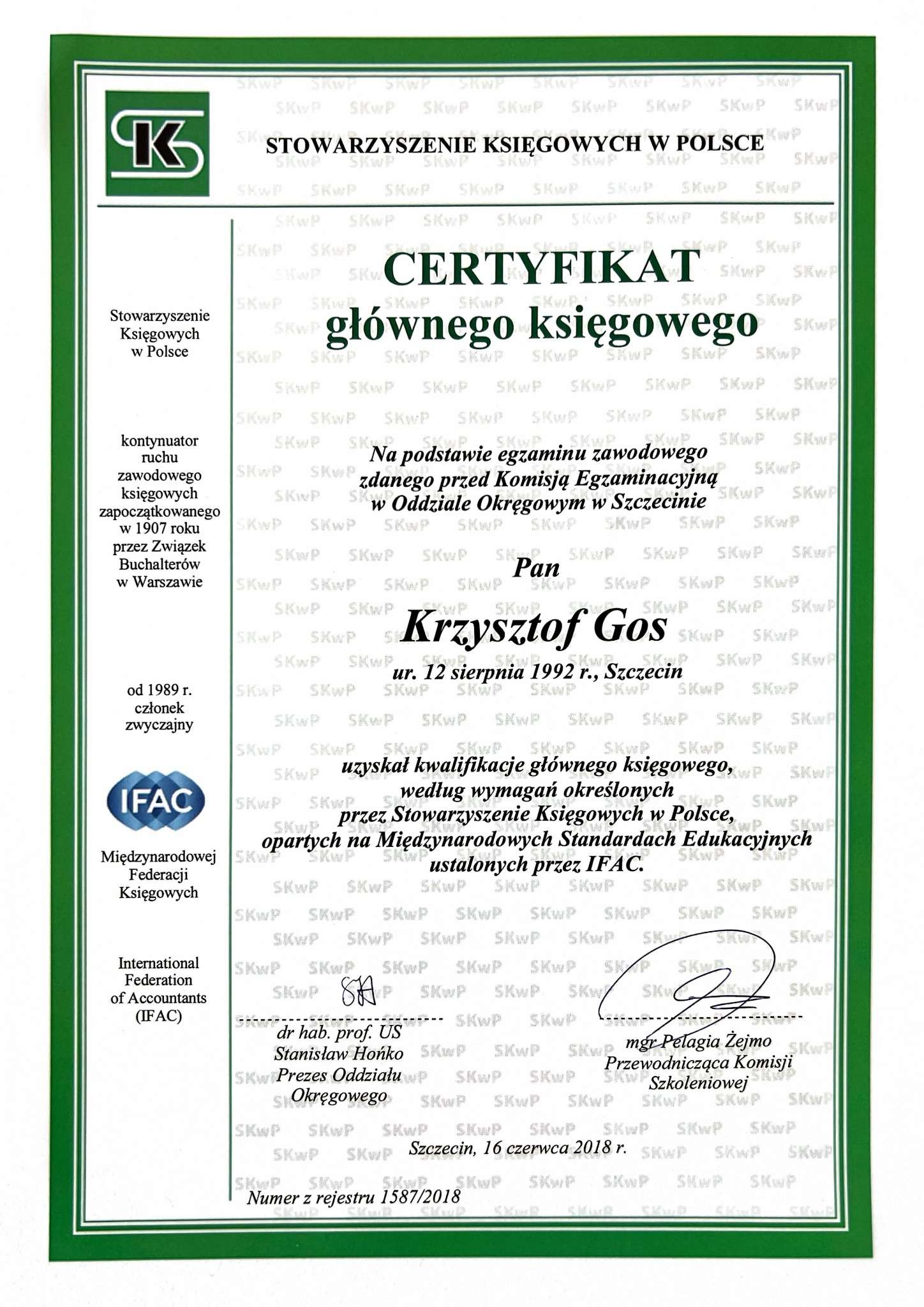 Certyfikat Krzysztof Gos